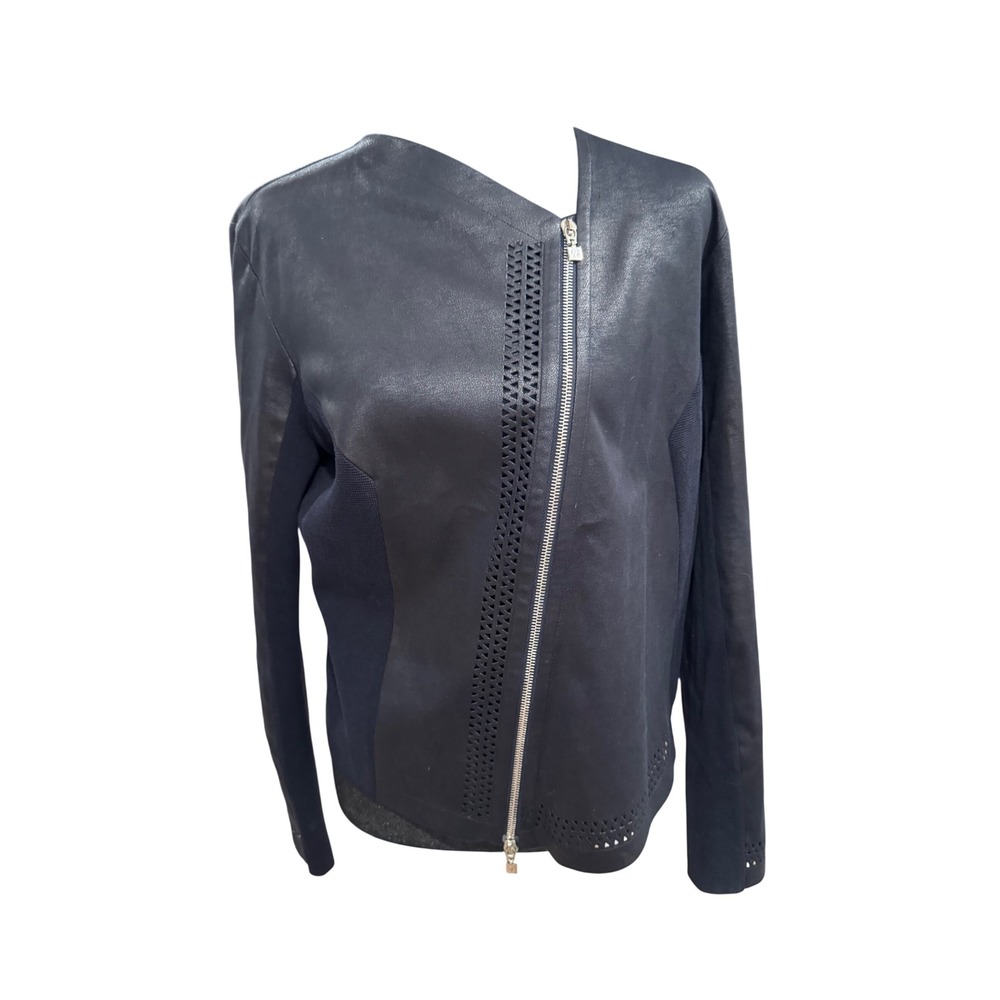 D. Exterior Italy Womens Navy Blue Laser Cut Faux Leather Knit Jacket Size 46